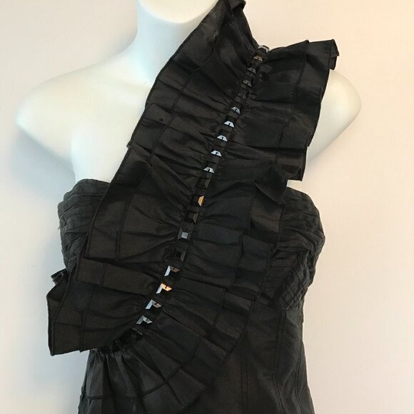 PLENTY party LBD, one-shoulder, silk, ruffle & bling form-fitting dress sz 8 - Picture 4 of 16